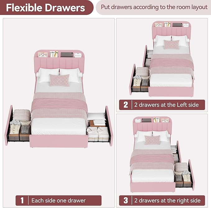 IDEALHOUSE Twin XL Bed Frame for Kids, Boucle Upholstered Platform Bed for Girls with 2 Flexible Drawers, Bookcase Headboard, Noise-Free, Easy Assembly, No Box Spring Needed, Pink