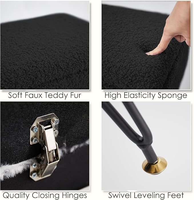 Vanity Stool Chair, Faux Teddy Fur Ottoman Foot Stool with Metal Legs & Adjustable Black Feet, Flip Top Storage Makeup Stool with Soft Padded Seat, Foot Rest for Makeup Room Bedroom, Black