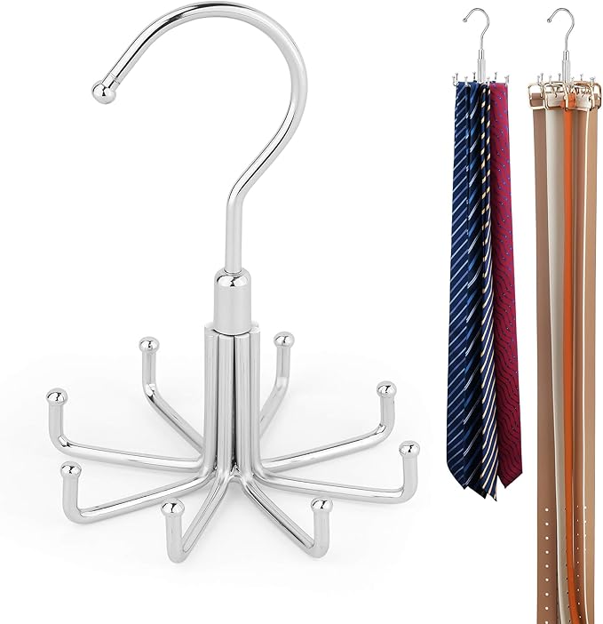 ZEDODIER Tie Hanger for Closet, 2 Pack Rotatable Tie Organizer for Men with 8 Hooks, Heavy Duty Space Saving Tie Rack for Ties and Belts, Silver