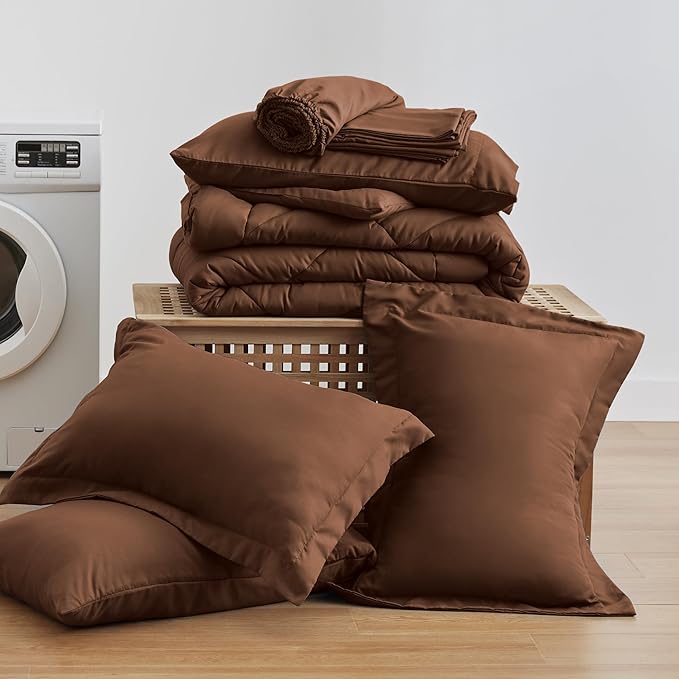 Love's cabin Full Comforter Set Brown, 7 Pieces Full Bed in a Bag, All Season Bedding Sets with 1 Comforter, 1 Flat Sheet, 1 Fitted Sheet, 2 Pillowcase and 2 Pillow Sham | Soft, Breathable, Lightweight, Comfortable