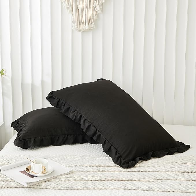 Black Pillow Shams Black Ruffle Queen Pillowcases Cute Pillow Cover Set of 2 Shabby Chic Soft Microfiber Pillowcases 2 Pack (Queen (20''x30'')