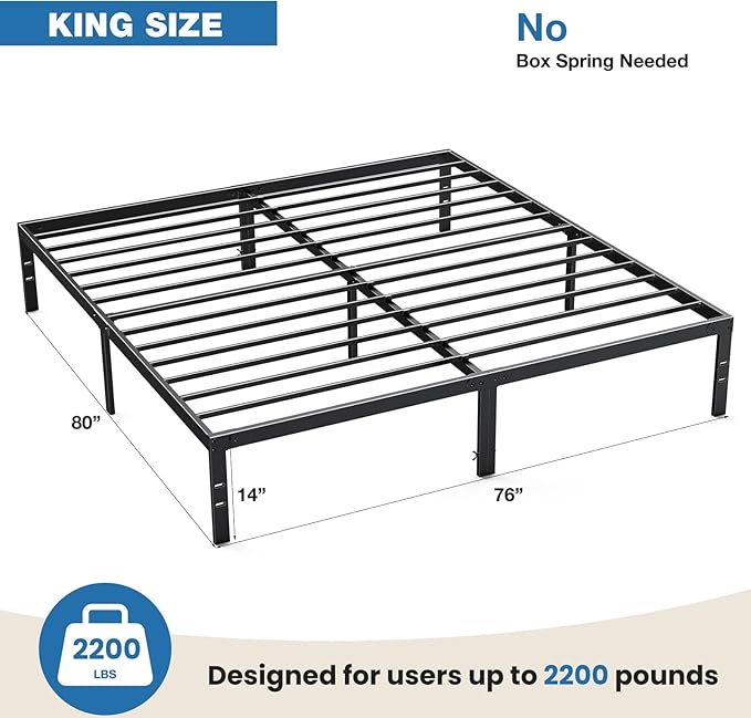 OLIXIS Metal King Bed Frame - 14in High with Storage Space, No Box Spring Needed with Sturdy Steel Slat Support, 2200LBS Heavy Duty for Easy Assembly, Black for Bedroom