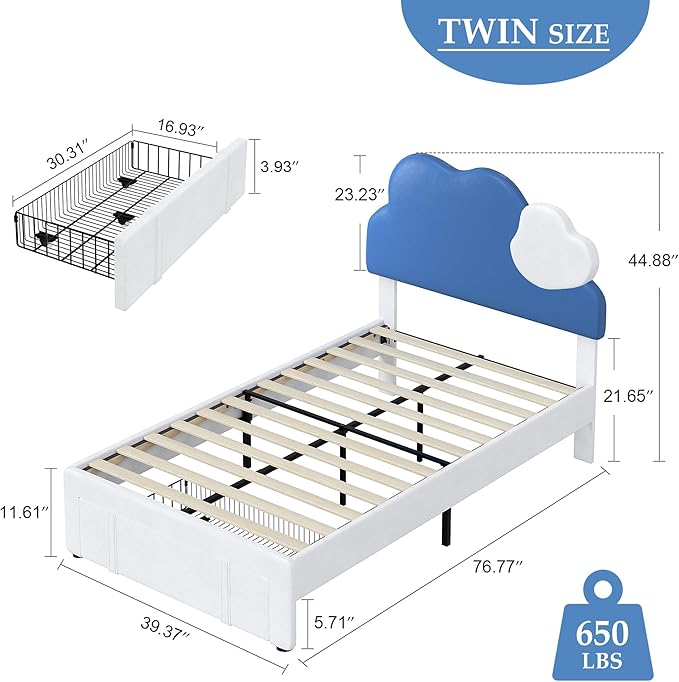 VECELO Twin Size Bed Frame, Upholstered Platform Bedframe with Height Adjustable Cloud-Shaped Headboard, Strong Wood Slat Supports, No Box Spring Needed, Blue