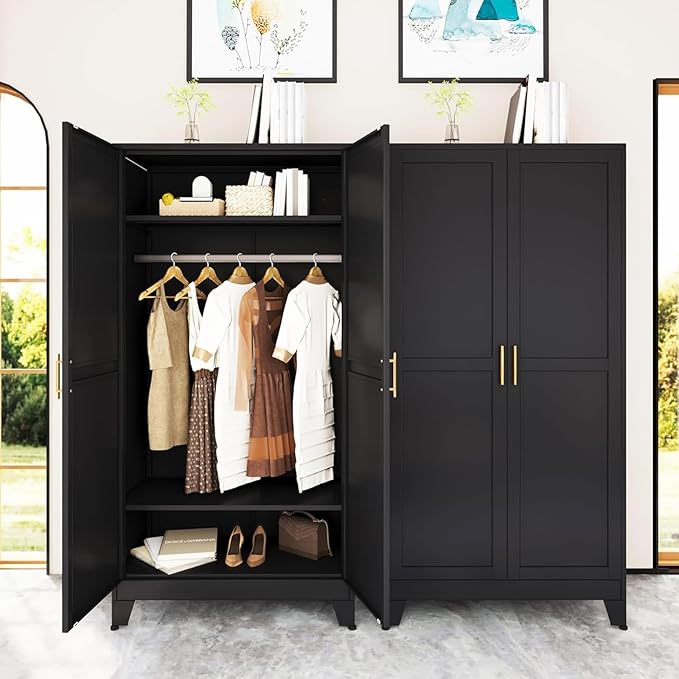 erosoei 71 "Metal Armoire Wardrobe Closet, Steel Clothing Storage Cabinet with Adjustable Shelves and Hanging Rod, Household Steel Wardrobe Storage Cabinet with Adjustable Standing feet（Black）