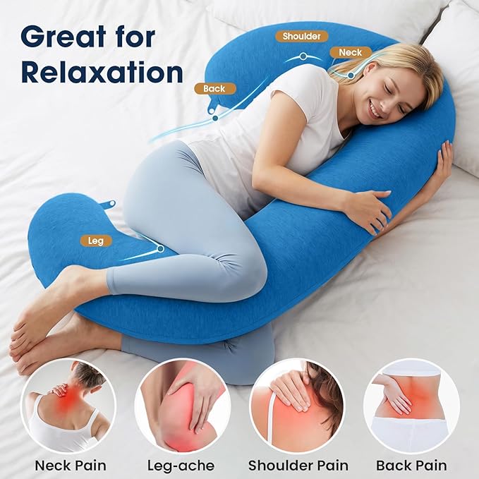 TranquilRelax C Shaped Body Pillow for Side Sleepers, Memory Foam Long Pillow for Leg, Hip & Back Support, Soft Washable Cover,Light Blue-53"*10"