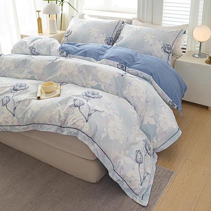 OAITE Duvet Cover Set Twin Size Floral Pattern 500 Thread Count Ultra Soft 100% Cotton Duvet Cover Sets 3-PC, Breathable Duvet Cover with Zipper Closure & Corner Ties