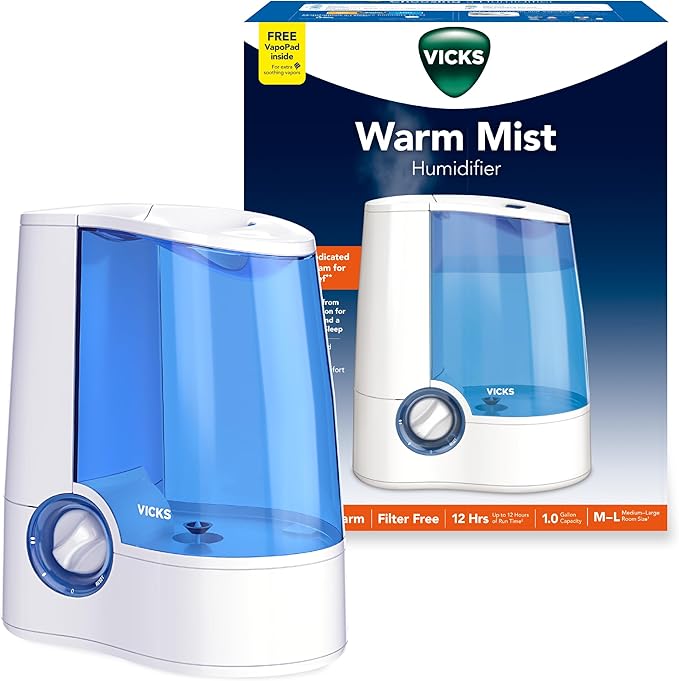 Vicks Warm Mist Humidifier Filter-Free 1-Gal Tank, Auto Shut-Off, Night Light, VapoPad and VapoSteam Compatible