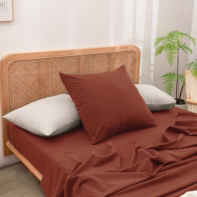 BESTOUCH 100% Washed Cotton Pillowcase for Hair and Skin Linen Feel Soft Comfortable Breathable 2 Set Pillow Case with Envelope Closure Solid Crimson Red Euro 26x26 Inches