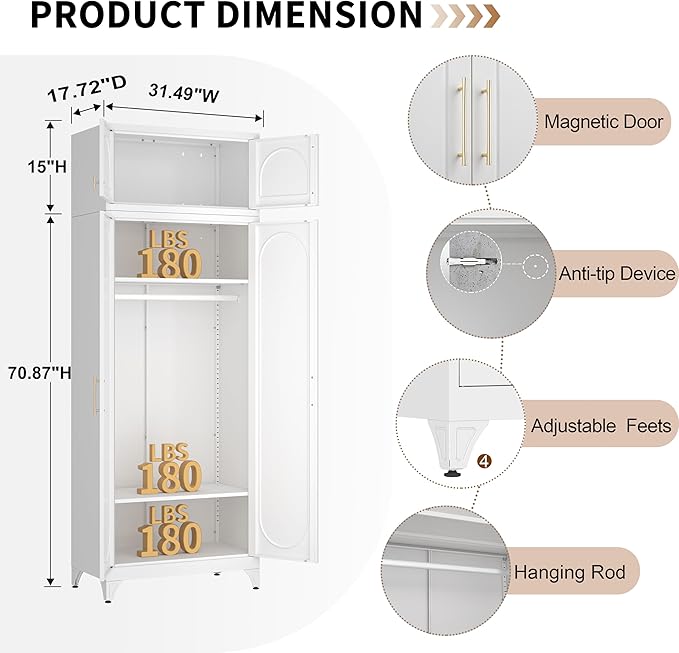 86" Metal Wardrobe Cabinets,Armoire Wardrobe Closet with Hanging Rod,Clothes Storage Cabinet with Adjustable Shelves and Doors,Clothing Cabinet for Bedroom, Office, Laundry Room