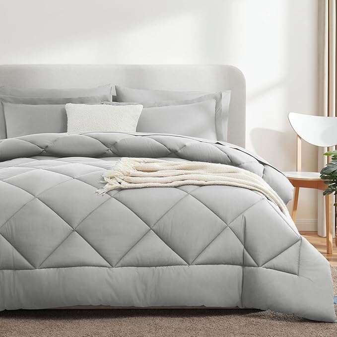 CozyLux Oversized Queen Comforter Set Light Grey, 7 Pieces Bed in a Bag Comforter Set with Sheets Luxury Bed Set All Seasons, Bedding Set with Down Alternative Comforter, Sheets, Pillowcases & Shams