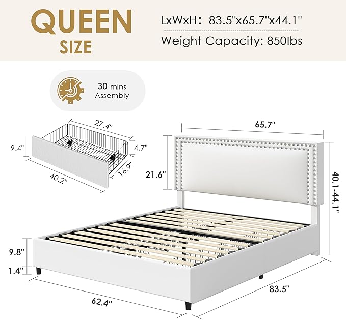 VECELO Queen Size Upholstered Bed Frame with 4 Storage Drawers, Adjustable Velvet Rivet Decor Headboard, Wooden Slats Platform Support, No Box Spring Needed, Easy Assembly,White