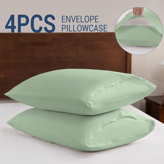 Pillowcases King 4 Pack, 20x36 Pillow Cases with Envelope Closure, Soft Plain Brushed Microfiber Covers Breathable Wrinkle-Resistant, Sage Green