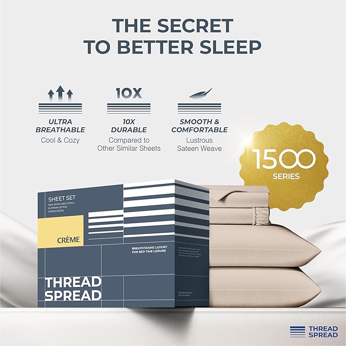 THREAD SPREAD 100% Egyptian Cotton Sheets Queen Size - Luxury 1500 Series Queen Sheet Set Egyptian Cotton (4 PC, Taupe), Silky Soft, Sateen Weave, Cooling & Breathable, 17" Deep Pocket Bed Set