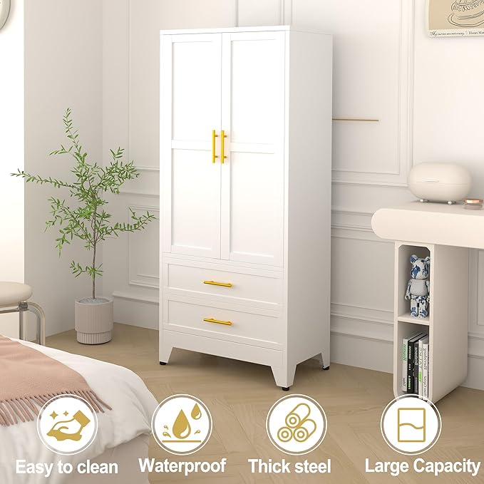 RIETERN Metal Armoire Wardrobe Closet, 71" Tall Bedroom Closet with 2 Drawers, Adjustable Shelves, and Hanging Rod, Steel Clothes Closets and Storage, for Bedroom White