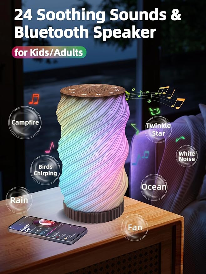 Touch Bedside Lamp with Sound Machine for Adults, Dimmable Night Light for Bedroom, 3-in-1 Bluetooth Speaker & White Noise Machine for Sleeping, Relaxation Dynamic Mood Lighting (Campfire/Breathing)