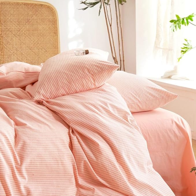 Wake In Cloud - Striped Cotton Duvet Cover Set, 100% Washed Cotton Textured Percale Bedding Set, Ticking Stripe Pinstripe Farmhouse, 3 Pieces, Light Pink, Queen Size
