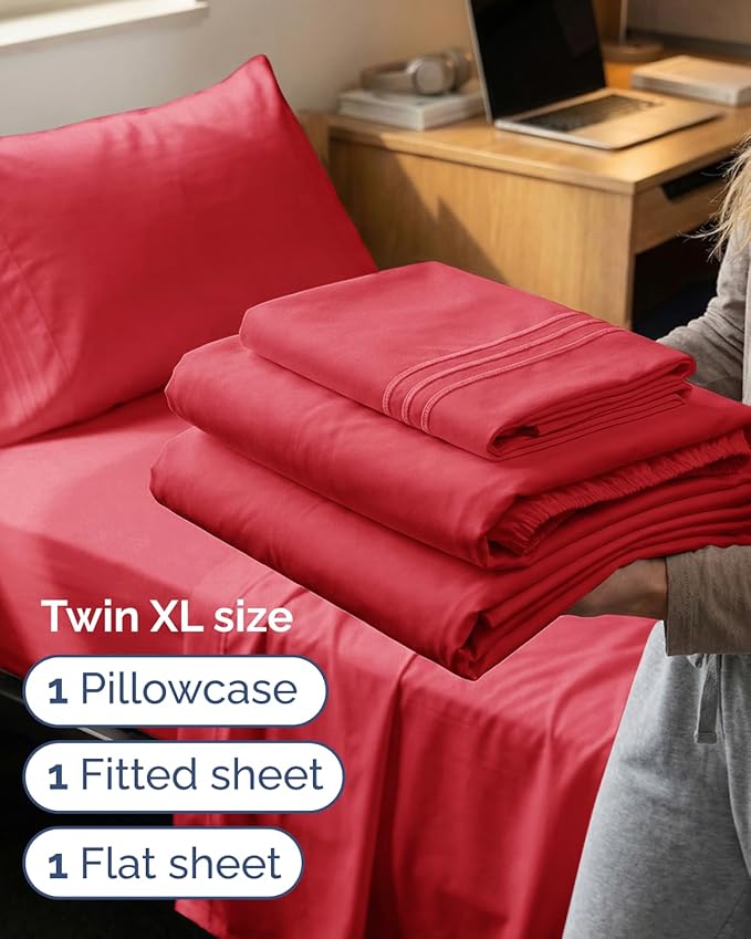 Twin XL Size 3 Piece Sheet Set - Comfy Breathable & Cooling Sheets - Hotel Luxury Bed Sheets for Women & Men - Deep Pockets, Easy-Fit, Extra Soft and Wrinkle Free Sheets - Red Oeko-Tex Bed Sheet Set
