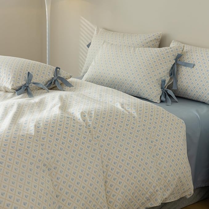 VM VOUGEMARKET Full Duvet Cover with Blue Flower Prints,100% Cotton Bedding Set,Yellow Plaid Grid Comforter Cover with Zipper Closure,80x90 Inch