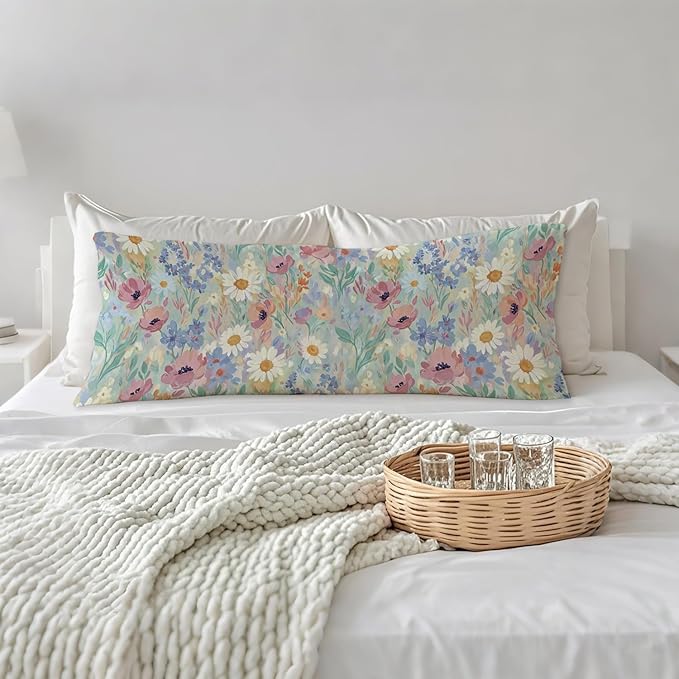 Spring Floral 20x54 Body Pillow Cover, Spring Home Room Decor, Pastel Cottagecore Botanical Wildflower Decorative Long Body Pillow Cases for Bed Couch