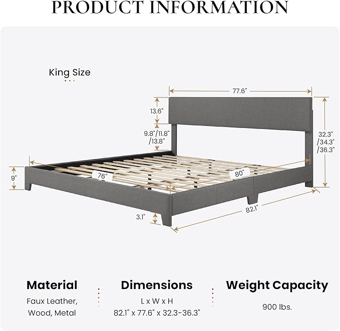 SHA CERLIN Dark Grey King Platform Upholstered Bed Frame with Adjustable Headboard, Wood Slats Support, No Box Spring Needed, Easy Assembly, Easy Clean Up