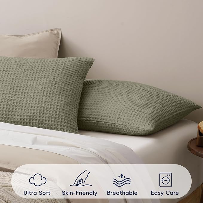 PHF Ultra Soft Waffle Weave Pillow Shams Standard Size, No Insert, 2 Pack 20" x 26" Pillowcases,Breathable & Skin-Friendly Pillow Cases, Stylish Decorative Bed Pillow Cases Covers, Dusty Sage
