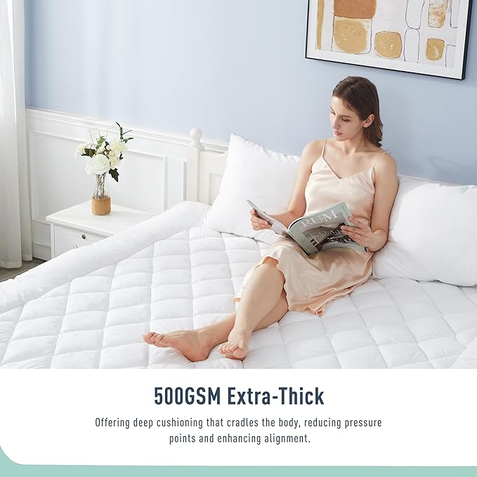 Queen Mattress Pad Extra Thick Cotton Mattress Topper Quilted Fitted Mattress Cover 18-22" Deep Pocket Down Alternative Pillow Top Fluffy & Breathable (60x80 Inches, White, Thick)
