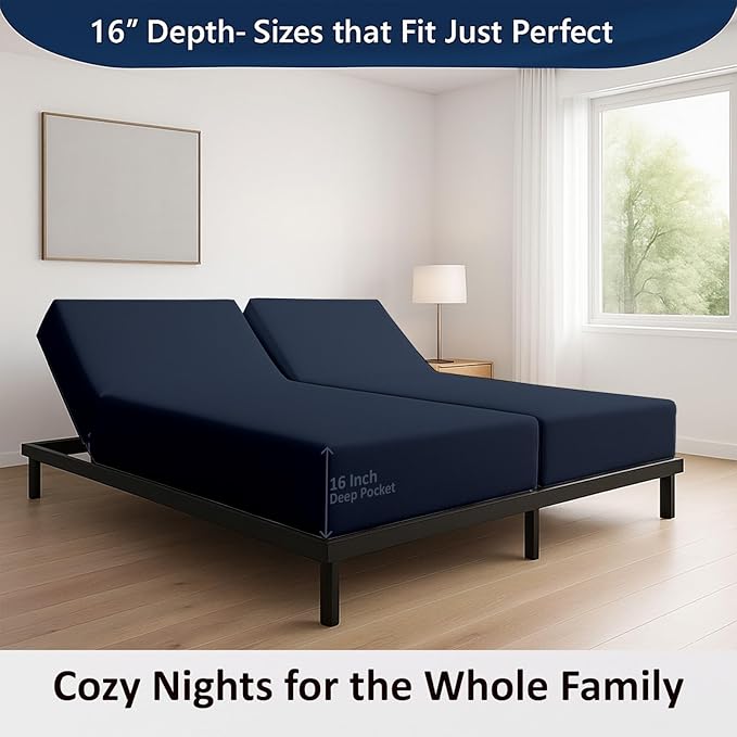 5 Piece Split Cal King Sheet Set, 100% Egyptian Cotton, 16 Inch Deep Pockets, Navy Blue Solid, Soft Cooling Sheets for Adjustable Beds, Sleep Number Beds, Split Cal King Mattress Sheet Set