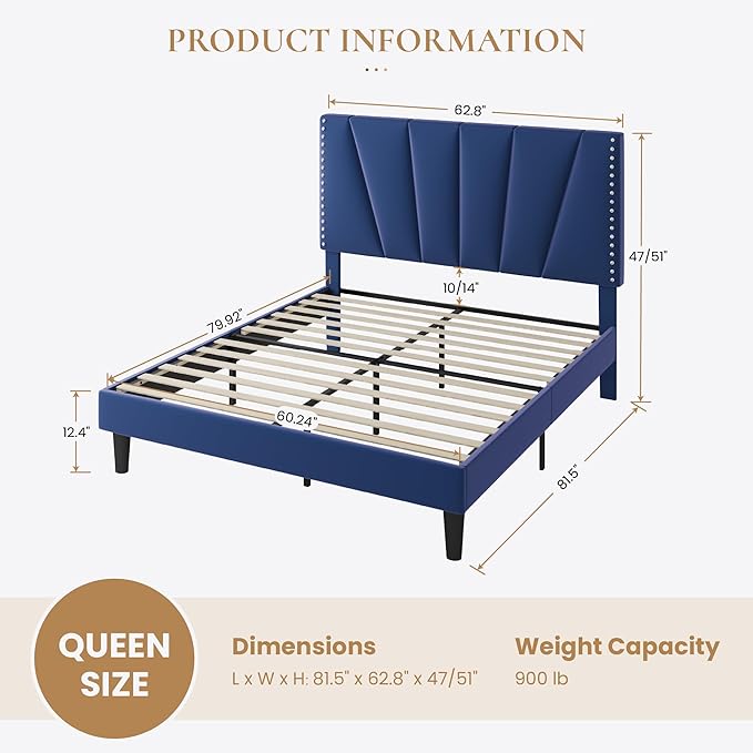 SHA CERLIN Queen Size Bed Frame with Adjustable Upholstered Velvet Rivets Headboard, Sturdy Wooden Slats, Strong Platform Support for Mattress, No Box Spring Needed, Easy Assembly, Blue