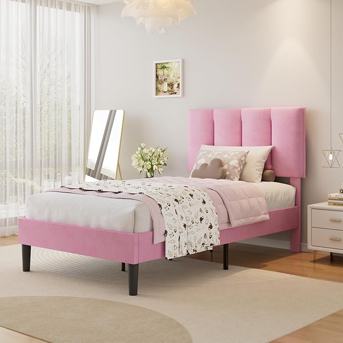 VECELO Twin Size Bed Frame with Upholstered Headboard, Heavy-Duty Bedframe with Wooden Slats & Steel Framework, Easy Assembly, Pink