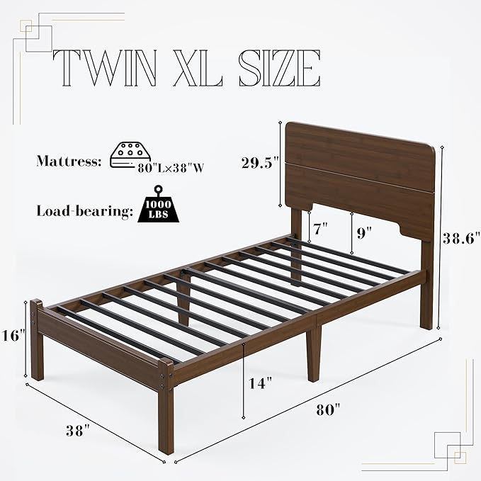 Askeld 14 Inch Bamboo Twin XL Bed Frame with Headboard, Solid Wood Bed Frames Twin XL Size No Box Spring Needed, Easy Assembly, Noise Free, Walnut Color