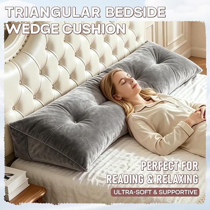 Headboard Pillow Queen, Triangle Wedge Pillow for Headboard, Ergonomic Backrest Cushion for Reading Sitting Working Removable Crystal Velvet Cover for Bed Dorm Sofa (Dark Gray, Queen)