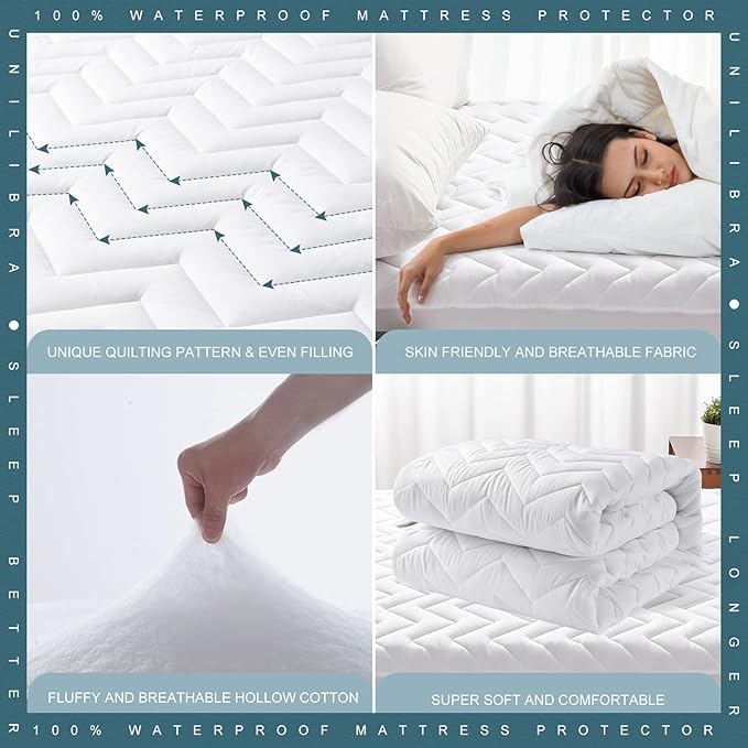 Twin XL Size Waterproof Mattress Protector Quilted, Breathable Ultra-Soft Filling Mattress Pad, Fitted Deep Pocket Mattress Cover Fits 6''-19'' Mattress White
