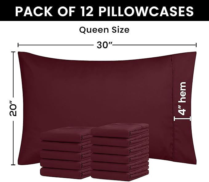 Utopia Bedding Queen Pillow Cases - 12 Pack - Envelope Closure - Soft Brushed Microfiber Fabric - Shrinkage and Fade Resistant Pillow Covers Queen Size 20 X 30 Inches (Queen, Burgundy)