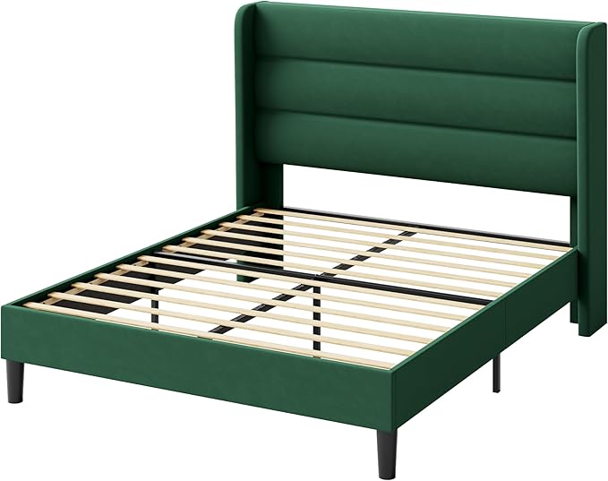 Allewie Full Size Platform Bed Frame with Velvet Upholstered Wingback Headboard, No Box Spring Needed, Under Bed Storage Space, Strong Wooden Slats, Modern Mattress Foundation, Easy Assembly, Green