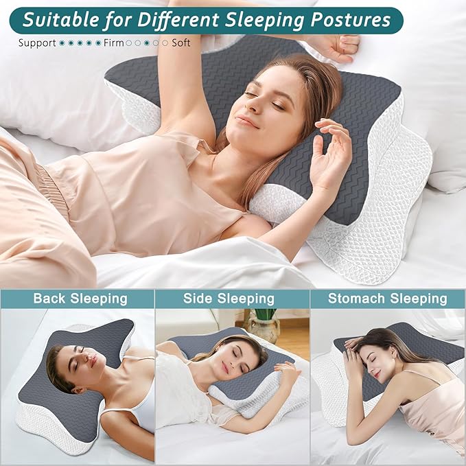 CHxxy Cervical Pillow for Neck Pain Relief, Memory Foam Pillows, Ergonomic Contour Bed Pillow, Soft for Side Sleep Stomach Sleeping and Back Sleepers-Queen Size Dark Grey&White