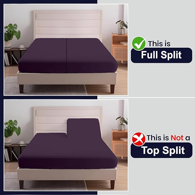 SGI Split King Sheet Set for Adjustable Bed Egyptian Premium Cotton 600 Thread Count Sheets for Sleep Number Bed 15" Deep Pocket 5 Pc Set with 2 Twin XL Fitted Sheets Soft Breathable -Plum