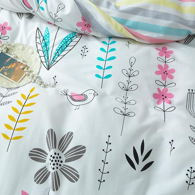 mixinni Flowers Duvet Cover for Teenage Girls Queen Size Floral Leaf Printed Soft Cotton Full Bedding Set Reversible Colorful Striped Pattern Girls Zipper Closure 4 Corner Ties for Women-Queen Size