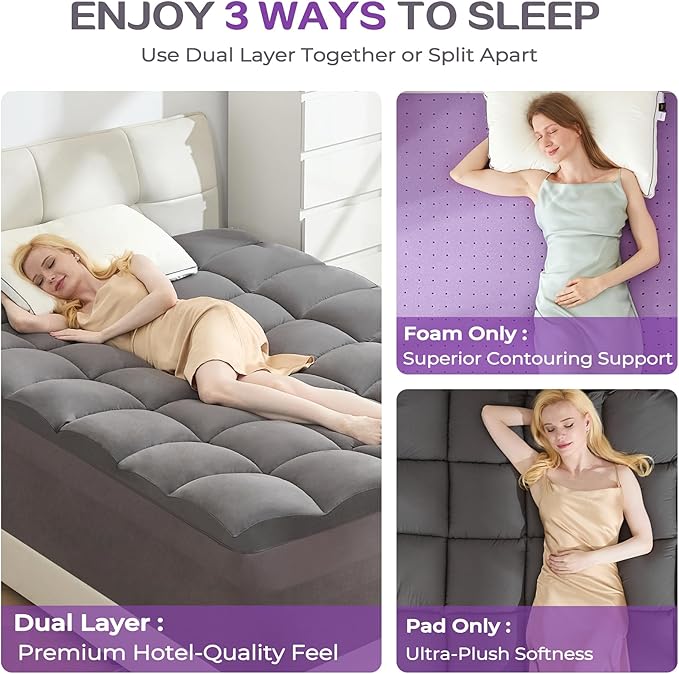 SINWEEK Dual Layer 5 Inch Memory Foam Mattress Topper Queen Size, 2 Inch Gel Memory Foam Plus 3 Inch 1450 GSM Down Alternative Quilted Pillow Top Mattress Pad Cover, Dark Gray