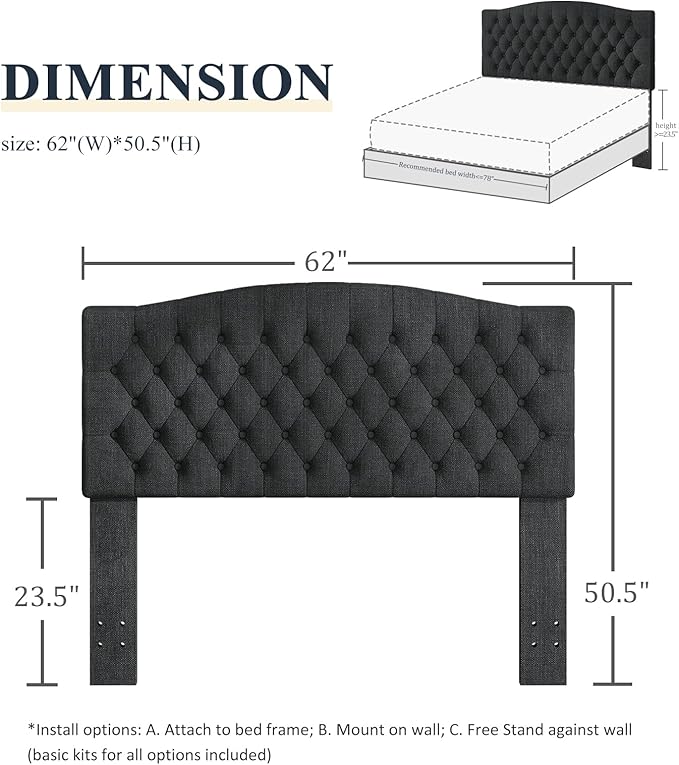 Befurtori Queen Headboard Only, Upholstered Headboard for Adjustable Bed Linen Tufted Queen/Full Size Wall Mounted Head Board with Solid Wood Legs Head Board, Dark Gray
