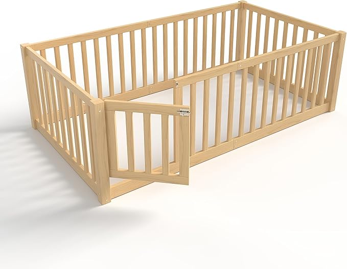 Bellemave Twin Size Montessori Floor Bed with 23.5" High Rails, Pine,Plywood Twin Floor Bed with Small Door, Natural