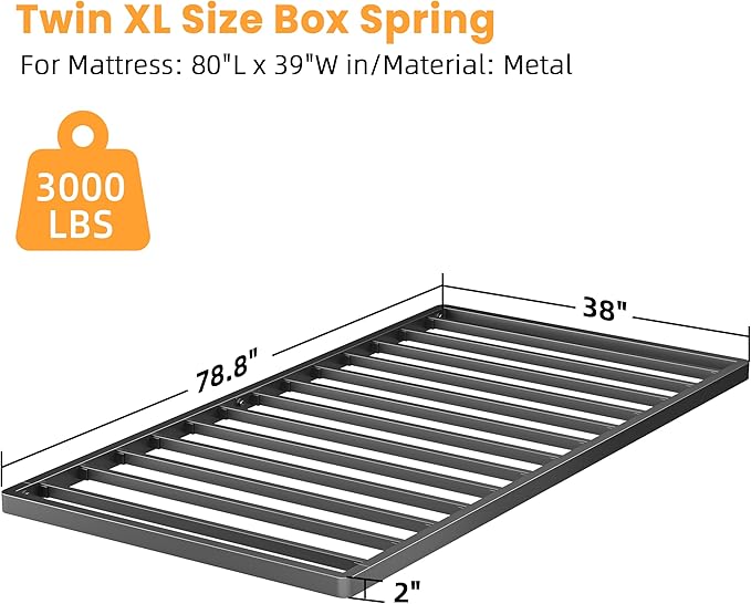 VIPSHOW 2 Inch Twin XL Metal Box Spring with Round Corners - 3000 lbs Capacity, Low Profile Bed Slat Replacement Bunkie Board with Steel Slats, Noise-Free, Easy Assemble, Black