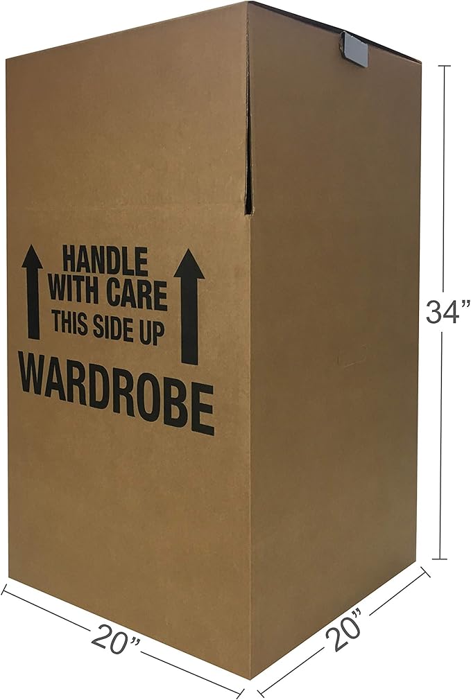 Amazon Basics Sturdy Wardrobe Moving Boxes with Hanger Bar for Packing Clothes, Easy to Assemble, With Handles, 20" x 20" x 34", Brown, 3-Pack