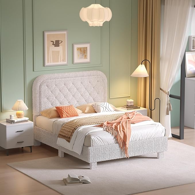 VINGLI Cloud Queen Bed Frame with Boucle Headboard,Cozy Soft Platform Bed with Wooden Slats, Cute Fabric Headboard, Cream Modern Style,Noise Free,Rounded Corners,White