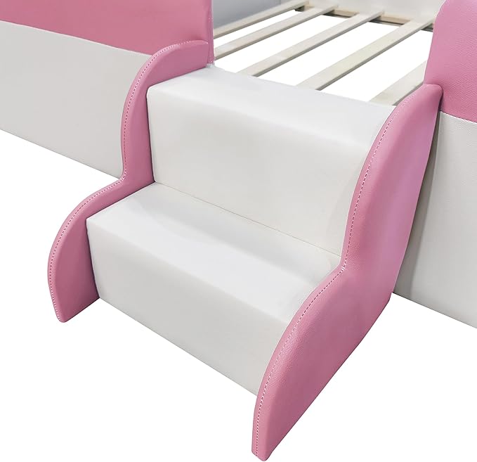 Merax Full Size Daybed Frame with Fence, Stairs, Upholstered Wood Bed for Living Room, Floor Bed, White+Pink