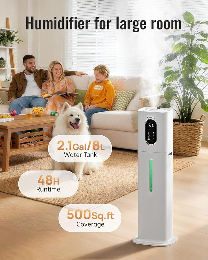 Humidifiers for Bedroom, 2.1Gal/8L Cool Mist Humidifier Large Room 500 sq ft, Humidifiers for Home with Essential Oil Diffuser, Light/Top Fill/Quiet Humidifier for Baby Nursery Office Plants, White