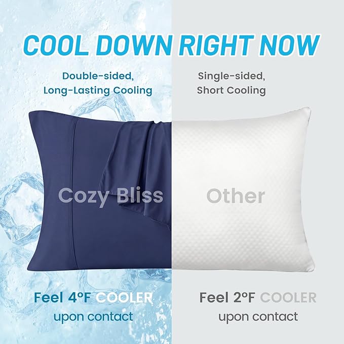 Cozy Bliss Cooling Pillow Cases for Hot Sleepers, Q-Max>0.45, Standard Size Set of 2, Soft & Silky Pillow Covers with Envelope Closure,Gift, Dark Blue, 20x26 Inches