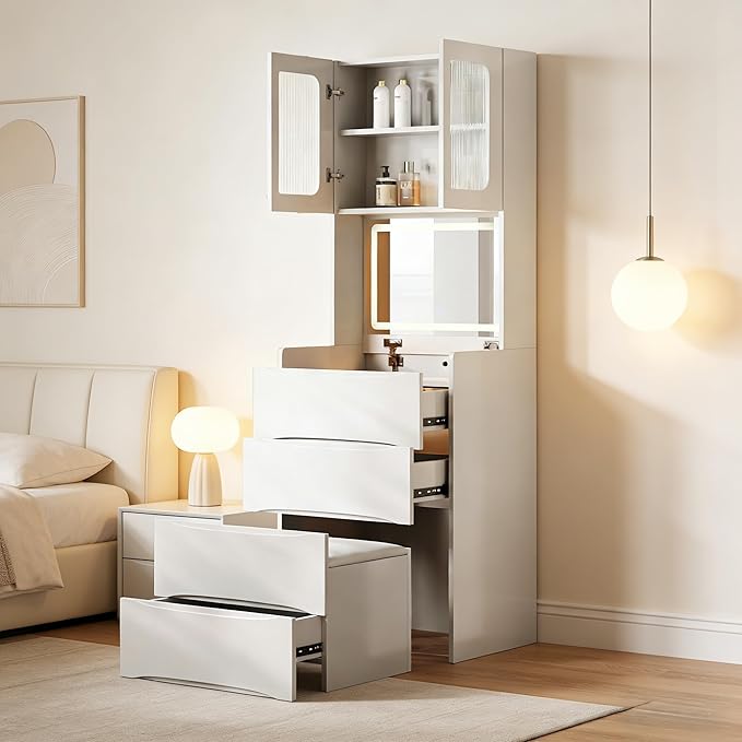 Casaphoria White 3-in-1 Vanity Desk with Mirror and Lights, 18.9 Inch Makeup Dressing Table with 3 Drawers & Storage Stool for Bedroom