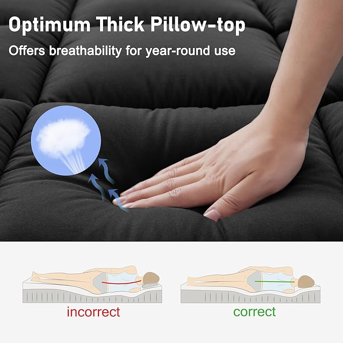 Queen Mattress Topper Extra Thick Pillowtop Mattress Pad Cover Cooling and Plush with 8-21 Inch Deep Pocket 3D Snow Down Alternative Fill Black