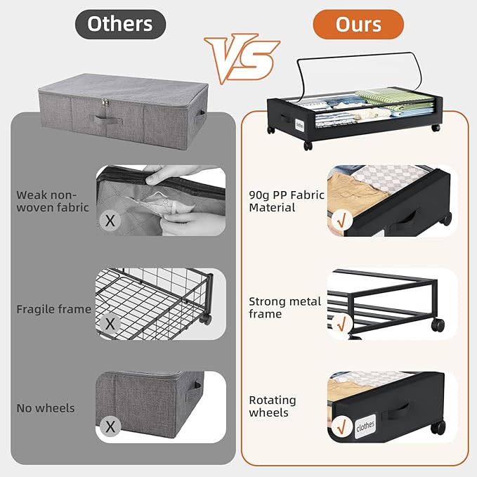 Somdot Under Bed Storage with Wheels, 4 Pack Bed Storage Containers with Dividers & Clear Lids, Easy Pull-out Metal Drawer for Clothes, Shoes,Toys, Blankets (Black)