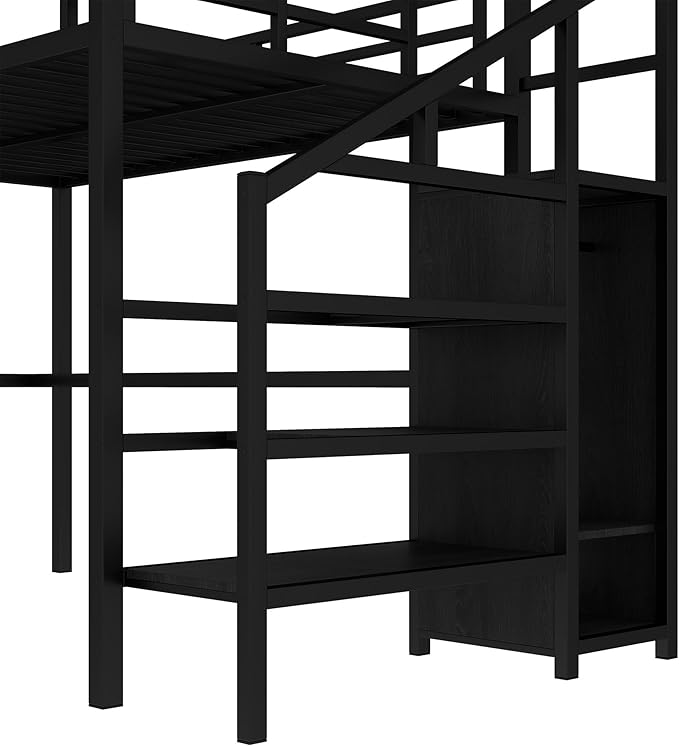 Full Size Loft Bed with L-Shaped Desk and USB, Metal Bed Frame with Wardrobe and Adjustable Shelf, High Loft Bed with LED and Guardrail for Teens Adults Bedroom, No Box Spring Needed, Black